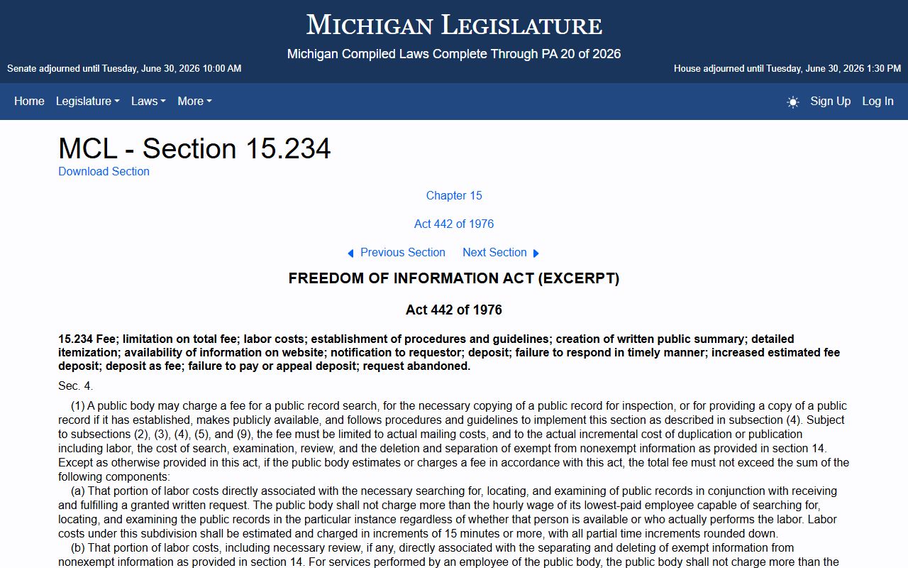 Michigan FOIA fee statute MCL 15.234 for Ogemaw County records requests