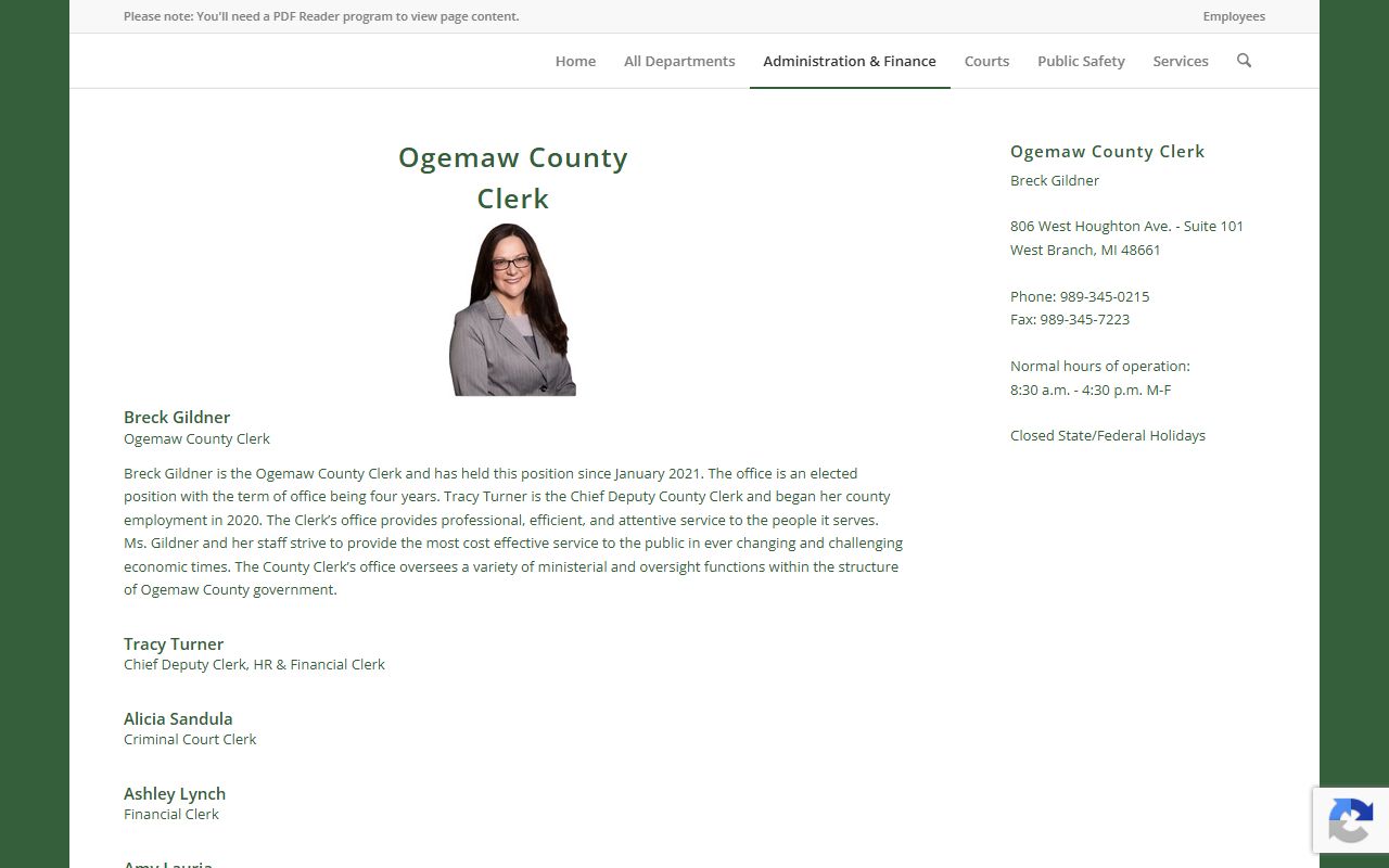 Ogemaw County Clerk office page with staff, duties, and records contact details