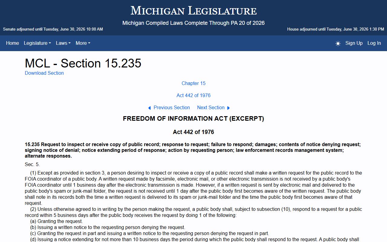 Michigan FOIA response timing statute MCL 15.235 for Ogemaw County requests