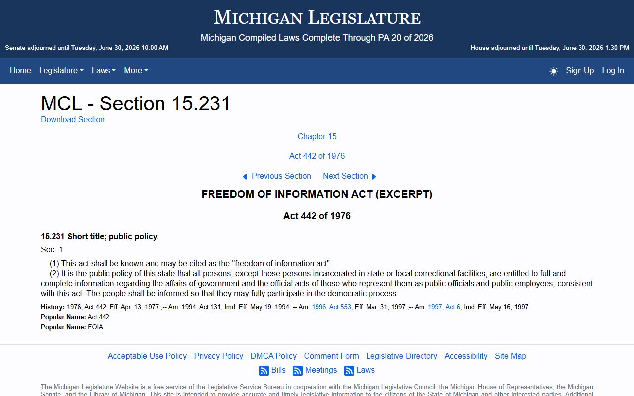 Michigan FOIA statute MCL 15.231 for Ogemaw County public records access