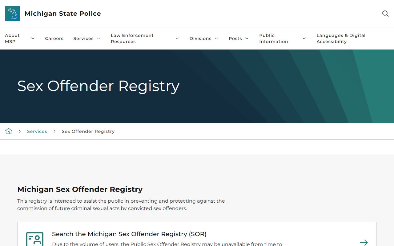 Michigan State Police sex offender registry page for Ogemaw County records