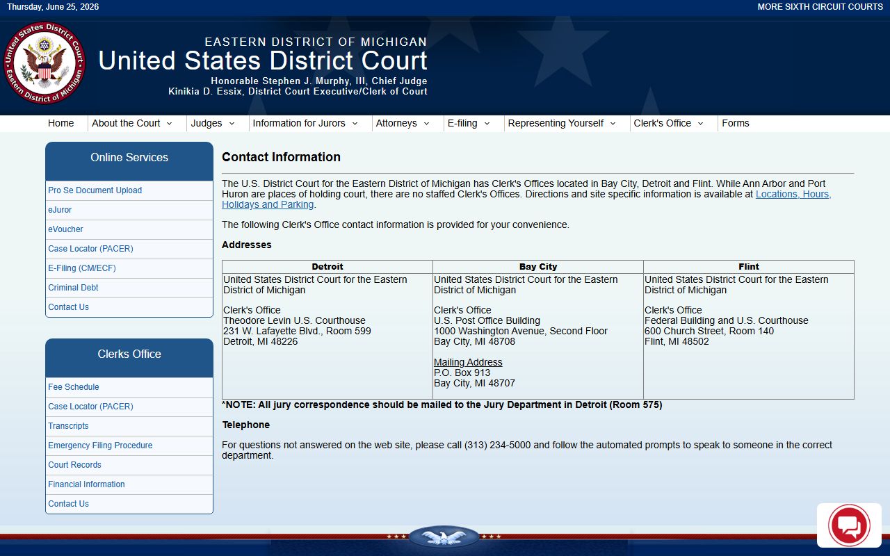 Eastern District of Michigan clerk contact page for Ogemaw County federal dockets
