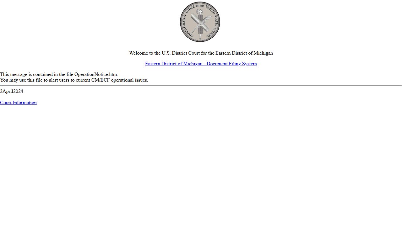 Eastern District of Michigan CM/ECF system for Ogemaw County federal dockets