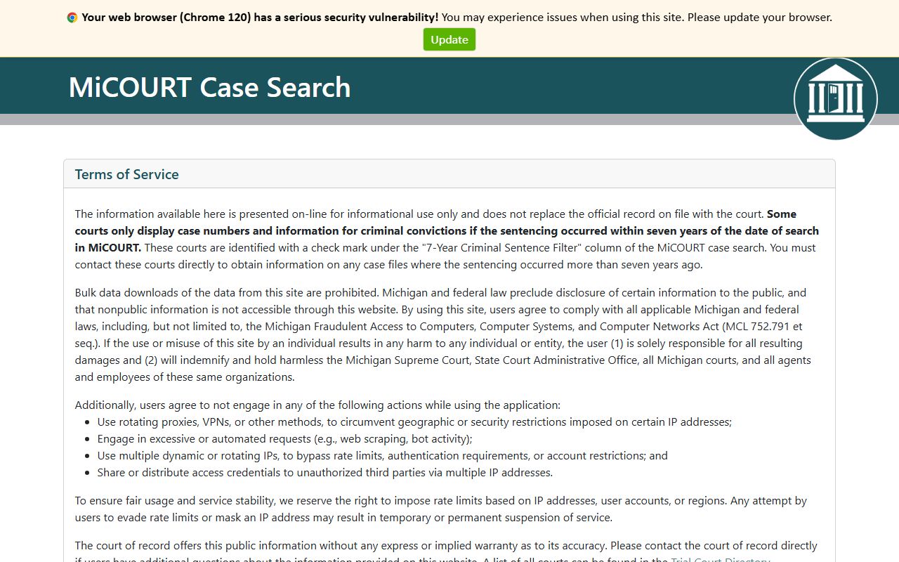 MiCOURT case search portal for Ogemaw County court records