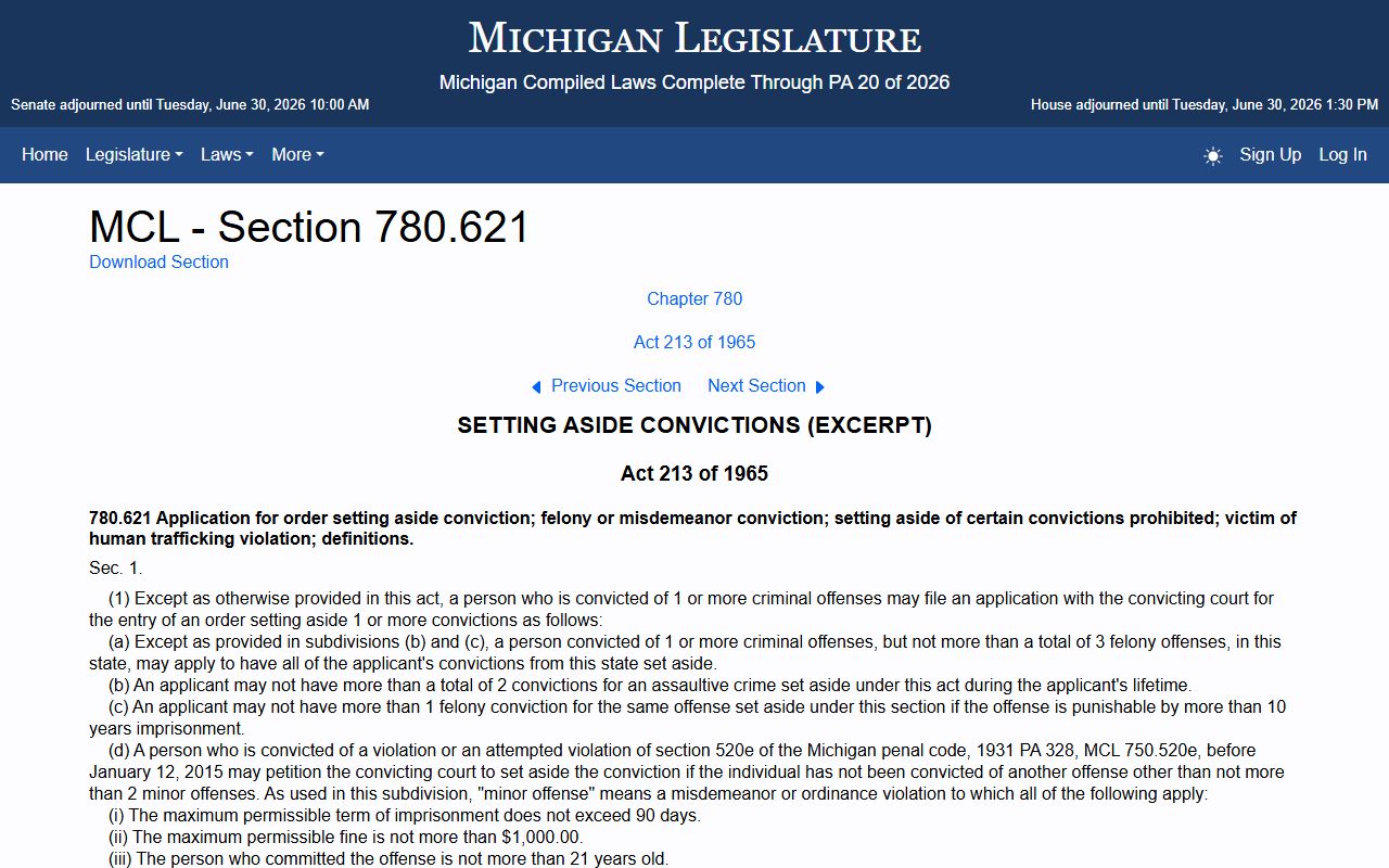 Michigan MCL 780.621 set-aside statute for Ogemaw County criminal court records