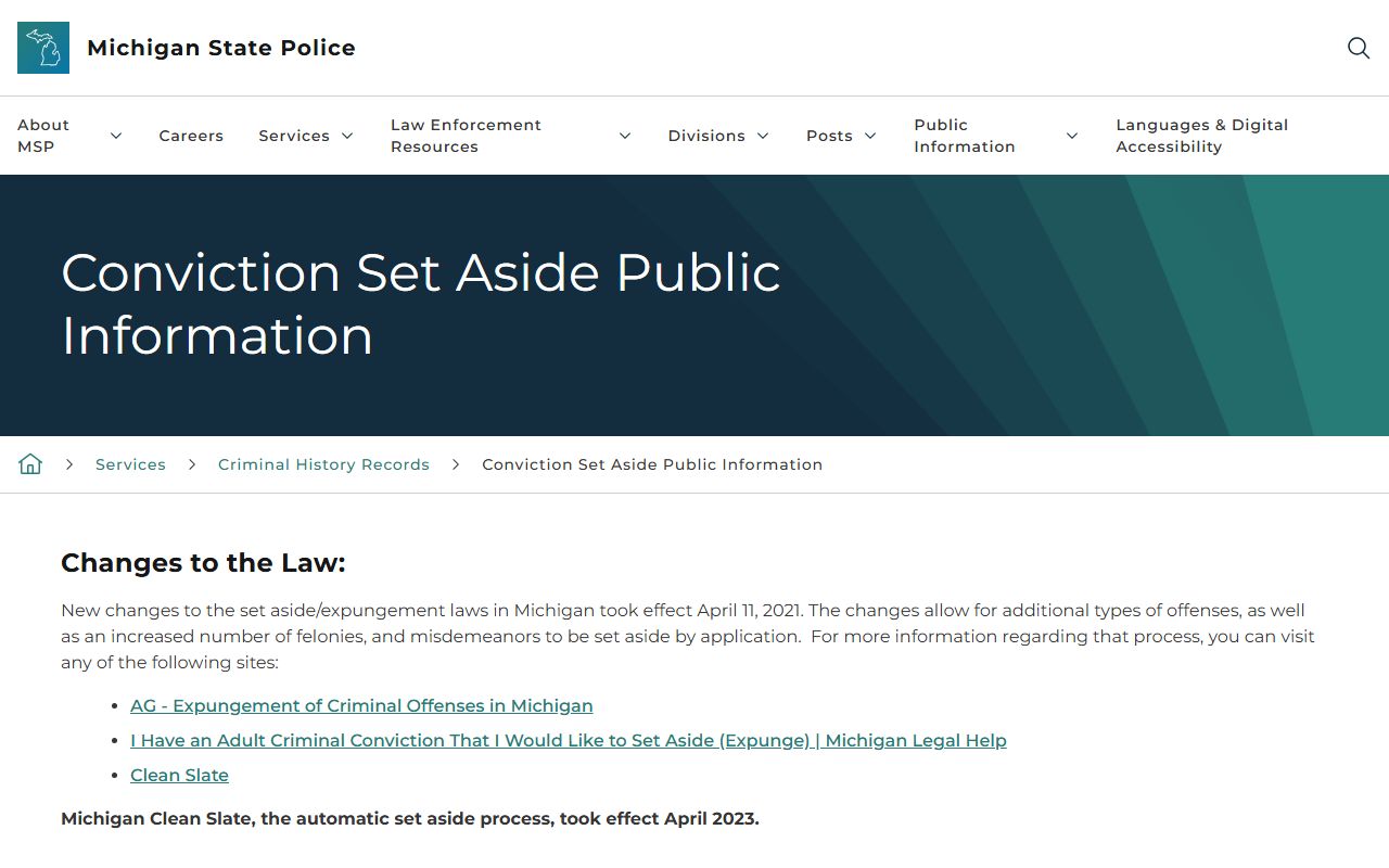Michigan State Police conviction set-aside page for Ogemaw County criminal records