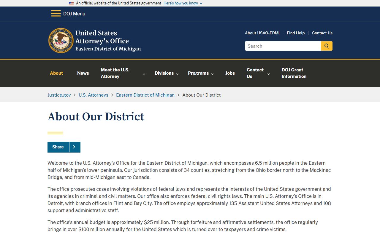 Eastern District of Michigan district map for Ogemaw County federal criminal cases