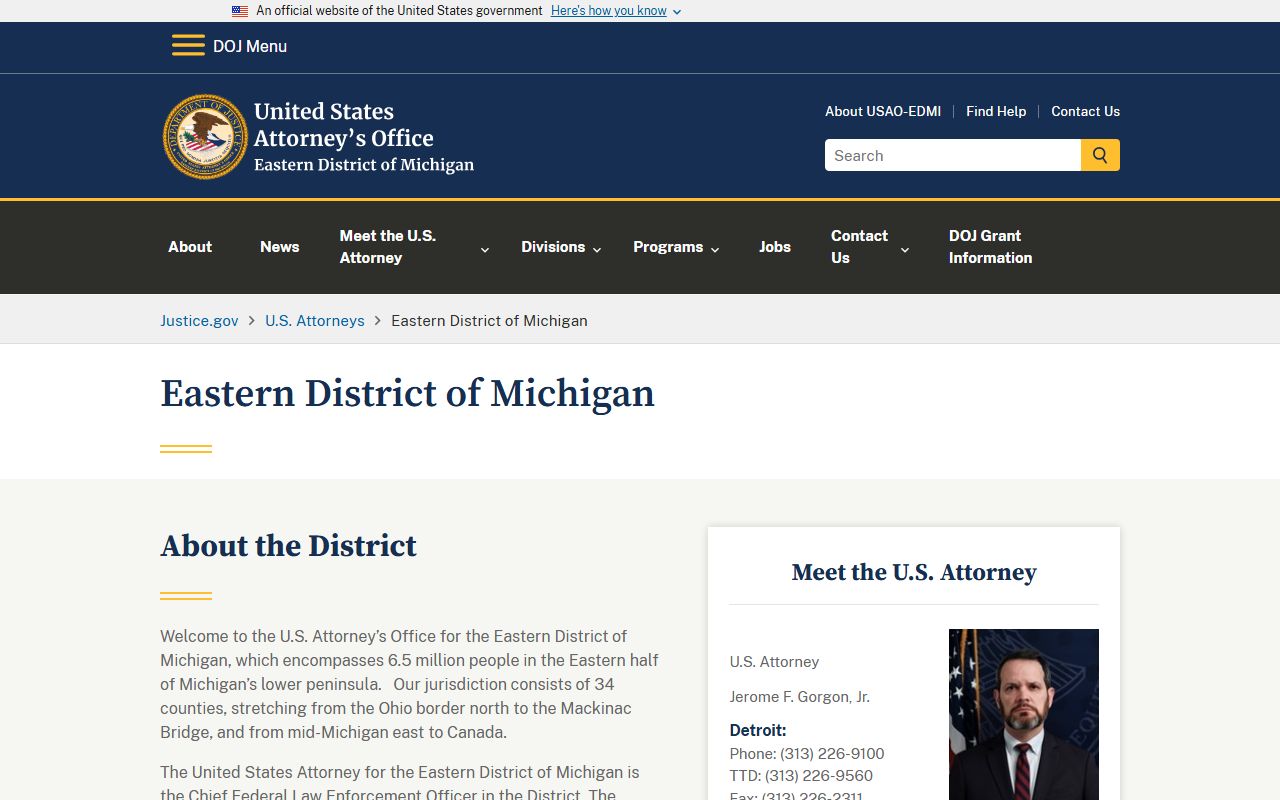 U.S. Attorney Eastern District of Michigan page for Ogemaw County federal criminal records