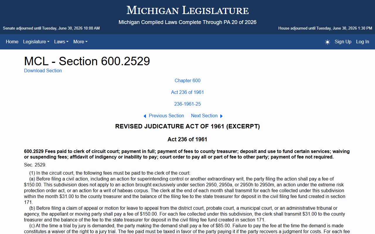 Michigan circuit court filing fee statute MCL 600.2529 for Ogemaw County cases