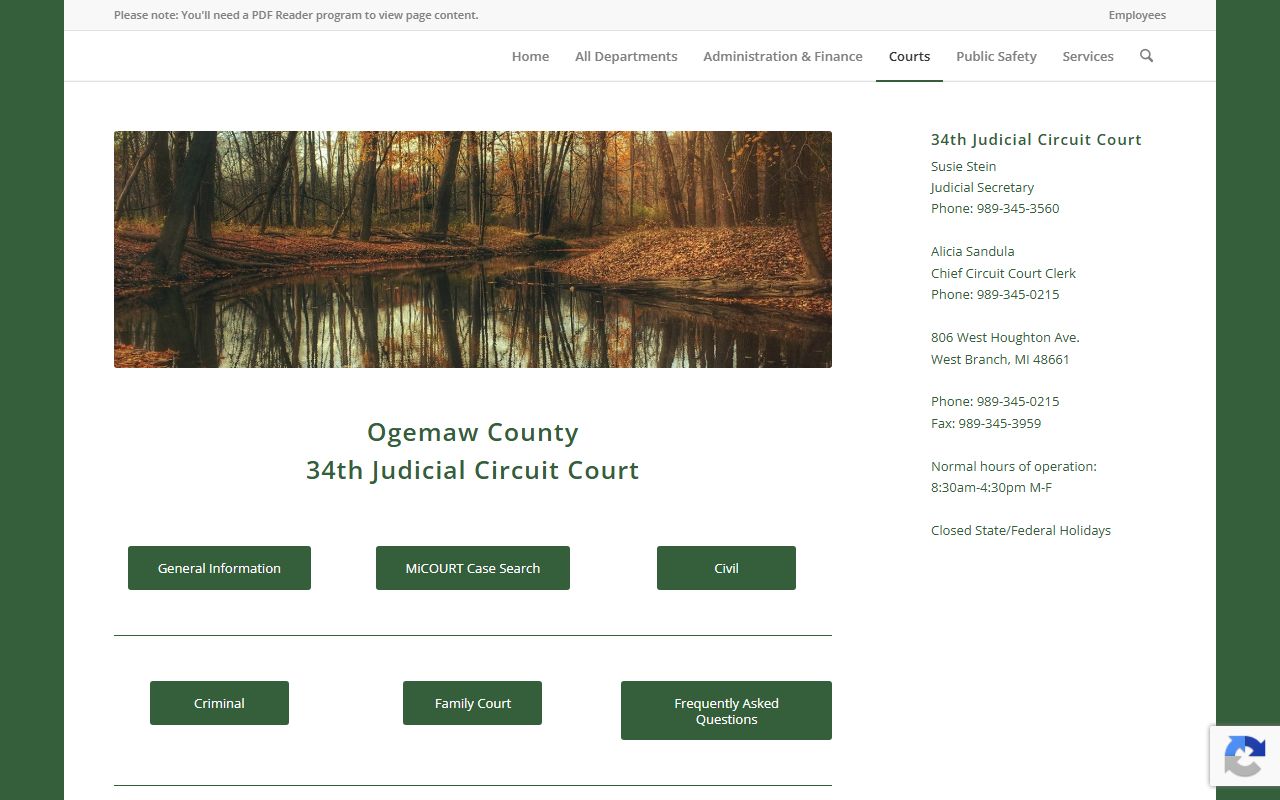 Ogemaw County 34th Judicial Circuit Court page with contact and case search links