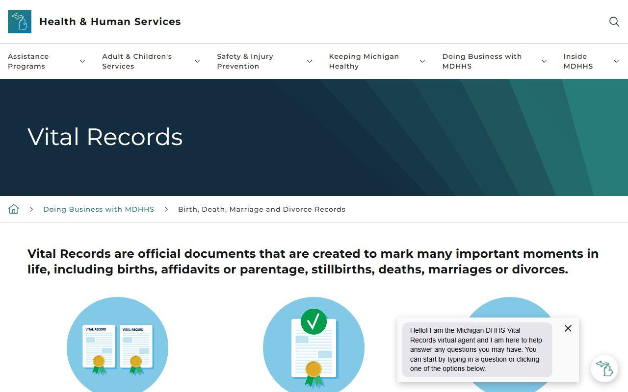 Michigan MDHHS vital records office backup for Ogemaw County marriage and divorce records