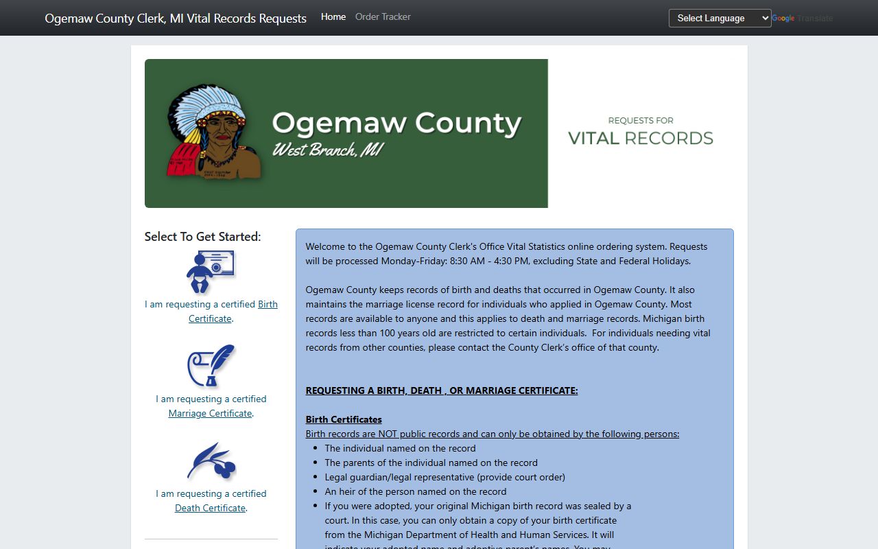 Ogemaw County marriage records online ordering portal for certified copies