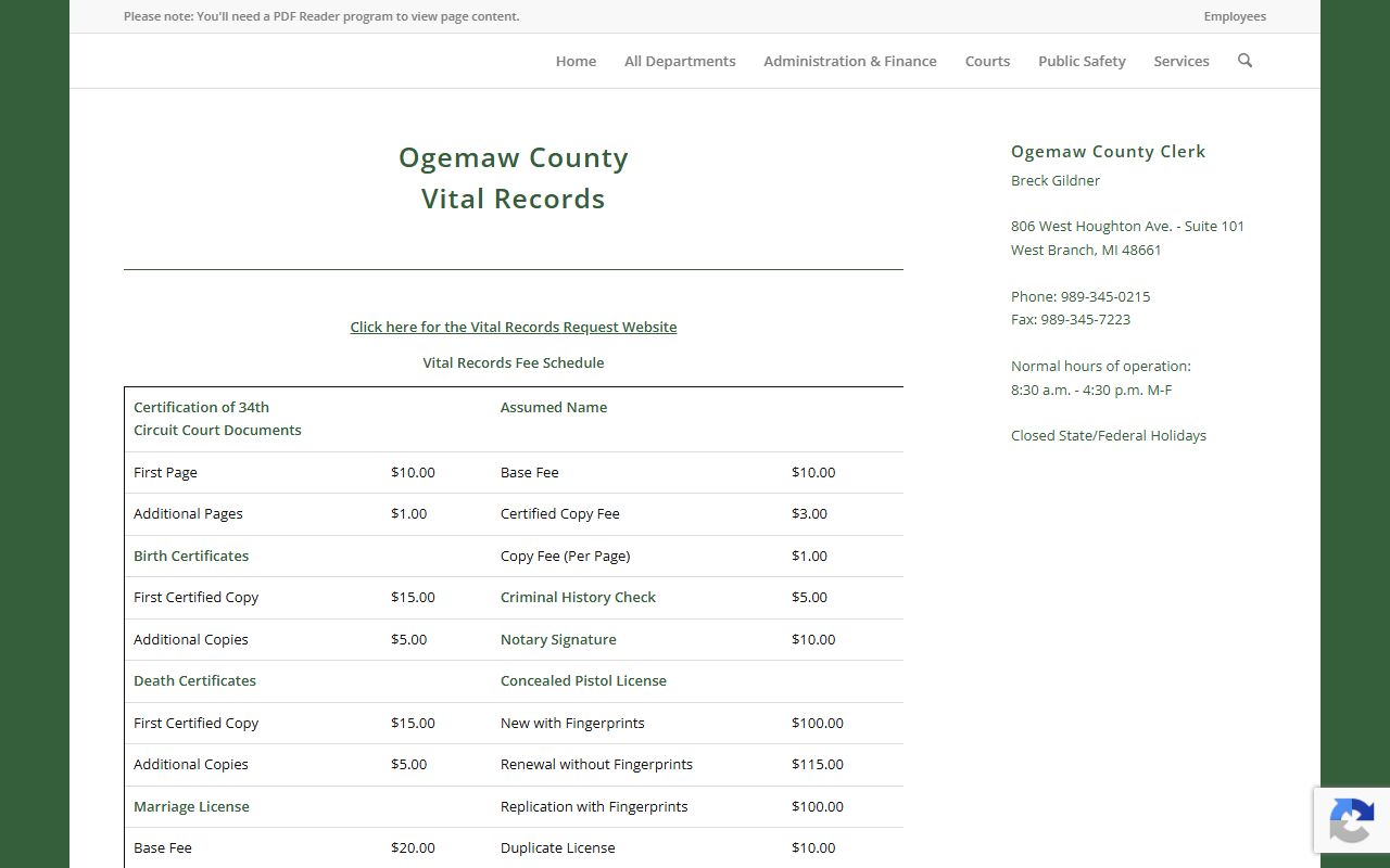 Ogemaw County marriage and divorce records vital records page at the County Clerk