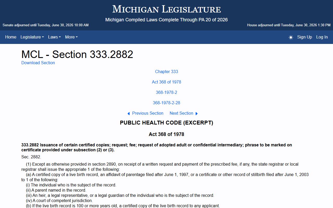 Michigan statute governing access to Ogemaw County marriage and vital records