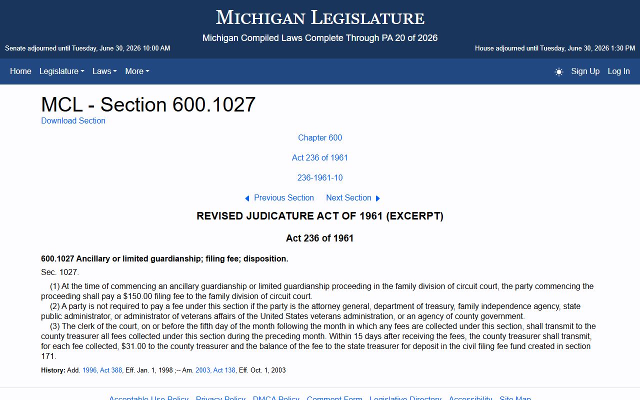 Michigan statute setting Ogemaw County probate records conservatorship and guardianship fees