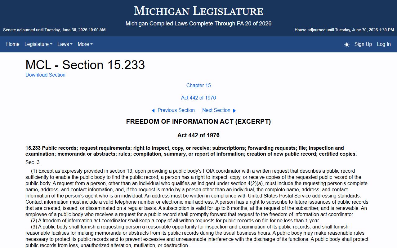 Ogemaw County warrant records public access under Michigan FOIA statute MCL 15.233